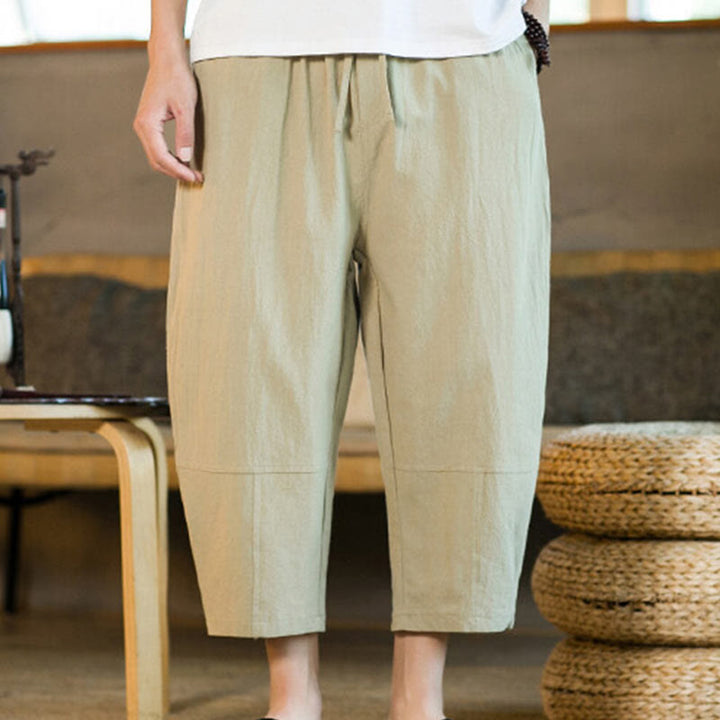 Buddha Stonesシンプルデザイン ドローストリング コットンリネン メンズ 無地 ハーレムパンツ ポケット付き - image 5