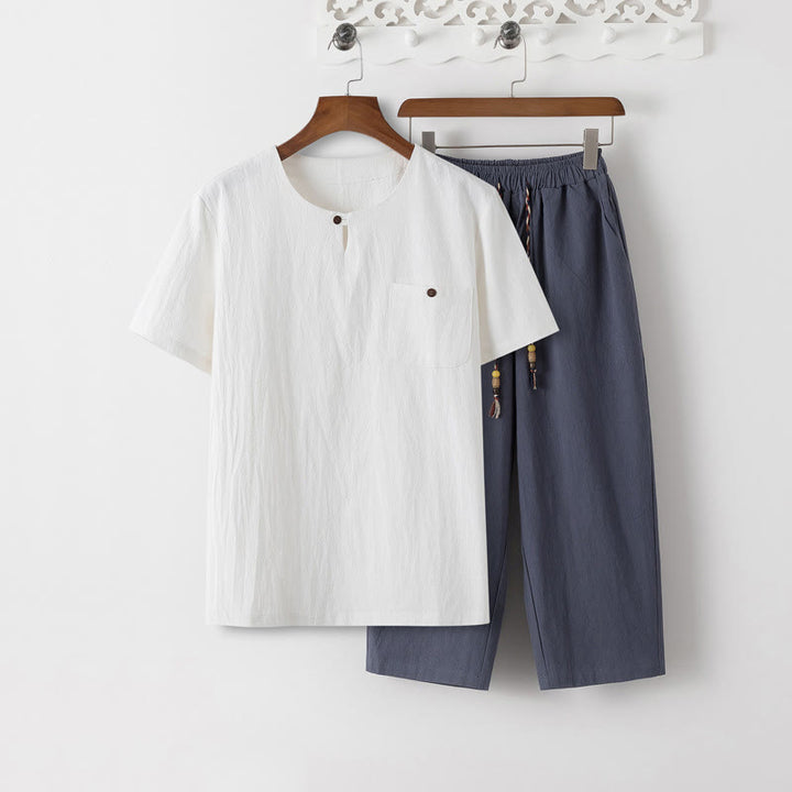Buddha Stones夏 2点セット 無地 半袖 Tシャツ 7-8丈パンツ コットンリネン タンスーツ メンズ 瞑想用 布セット ポケット付き - ホワイトTシャツ&スレートグレーパンツ - US/UK/AU46、 EU56 (5XL) - image 0