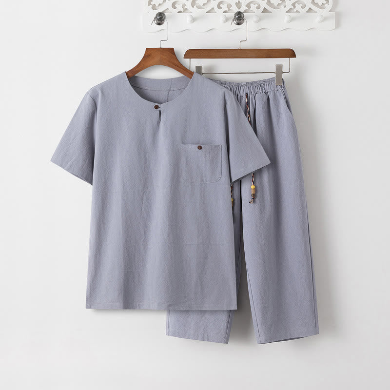 Buddha Stones夏 2点セット 無地 半袖 Tシャツ 7-8丈パンツ コットンリネン タンスーツ メンズ 瞑想用 布セット ポケット付き - ライトスチールブルーTシャツ&ライトスチールブルーパンツ - US/UK/AU46、 EU56 (5XL) - image 10