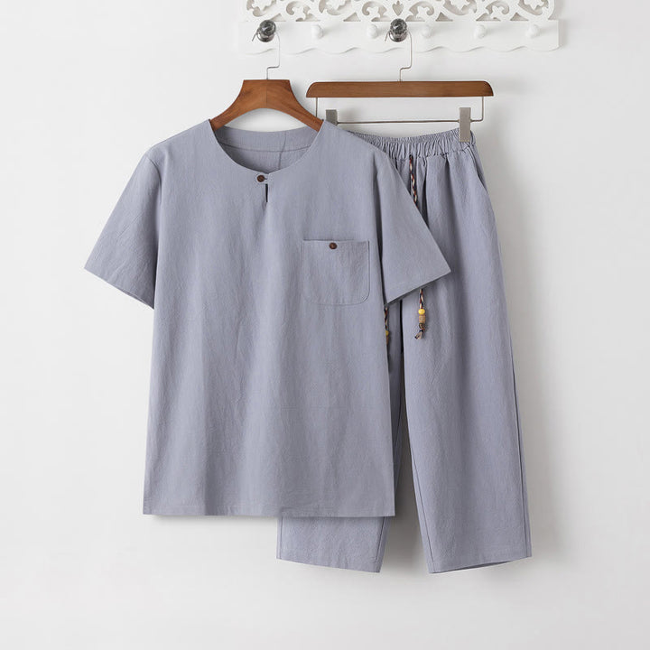Buddha Stones夏 2点セット 無地 半袖 Tシャツ 7-8丈パンツ コットンリネン タンスーツ メンズ 瞑想用 布セット ポケット付き - ライトスチールブルーTシャツ&ライトスチールブルーパンツ - US/UK/AU46、 EU56 (5XL) - image 10