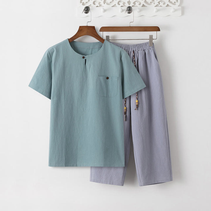 Buddha Stones夏 2点セット 無地 半袖 Tシャツ 7-8丈パンツ コットンリネン タンスーツ メンズ 瞑想用 布セット ポケット付き - ペールターコイズTシャツ&ライトスチールブルーパンツ - US/UK/AU46、 EU56 (5XL) - image 18