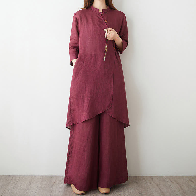 Buddha Stones 2点セット 七分袖シャツ トップパンツ 瞑想 禅 太極拳 コットンリネン 衣類 レディース セット - インディアンレッド - US8-10,UK/AU12-14,EU40-42 (2XL) - image 0