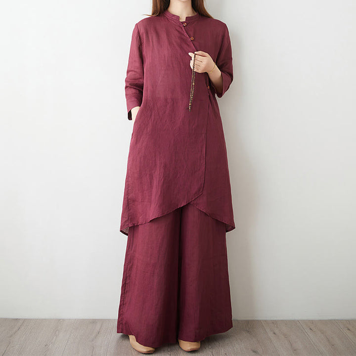 Buddha Stones 2点セット 七分袖シャツ トップパンツ 瞑想 禅 太極拳 コットンリネン 衣類 レディース セット - インディアンレッド - US8-10,UK/AU12-14,EU40-42 (2XL) - image 0