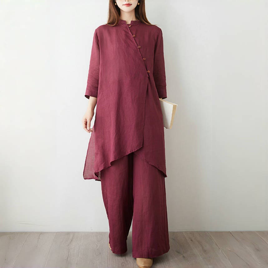 Buddha Stones 2点セット 七分袖シャツ トップパンツ 瞑想 禅 太極拳 コットンリネン 衣類 レディース セット - image 3