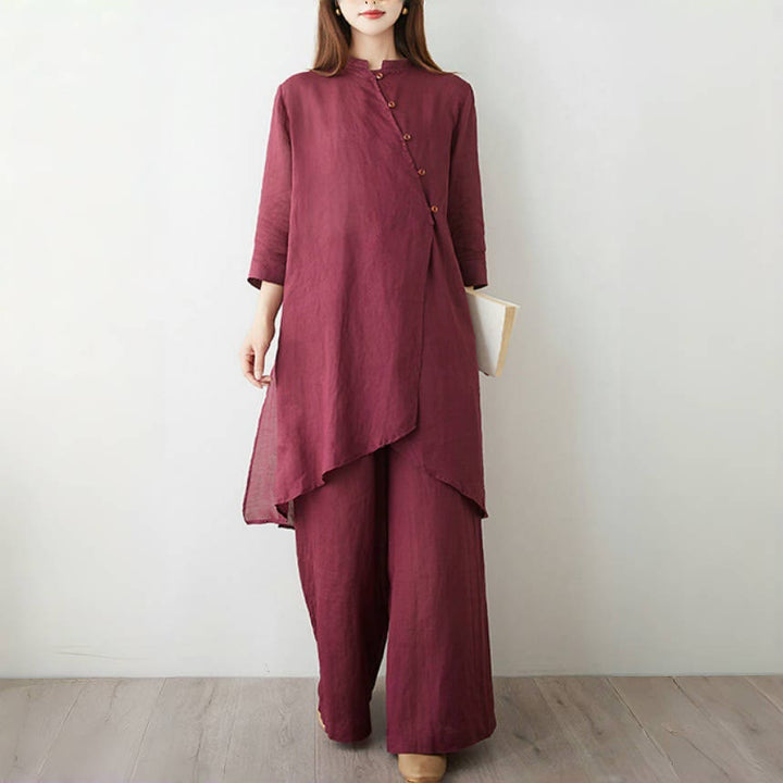 Buddha Stones 2点セット 七分袖シャツ トップパンツ 瞑想 禅 太極拳 コットンリネン 衣類 レディース セット - image 3