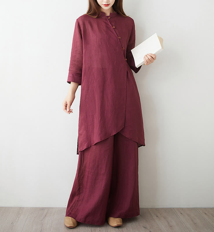 Buddha Stones 2点セット 七分袖シャツ トップパンツ 瞑想 禅 太極拳 コットンリネン 衣類 レディース セット - image 4