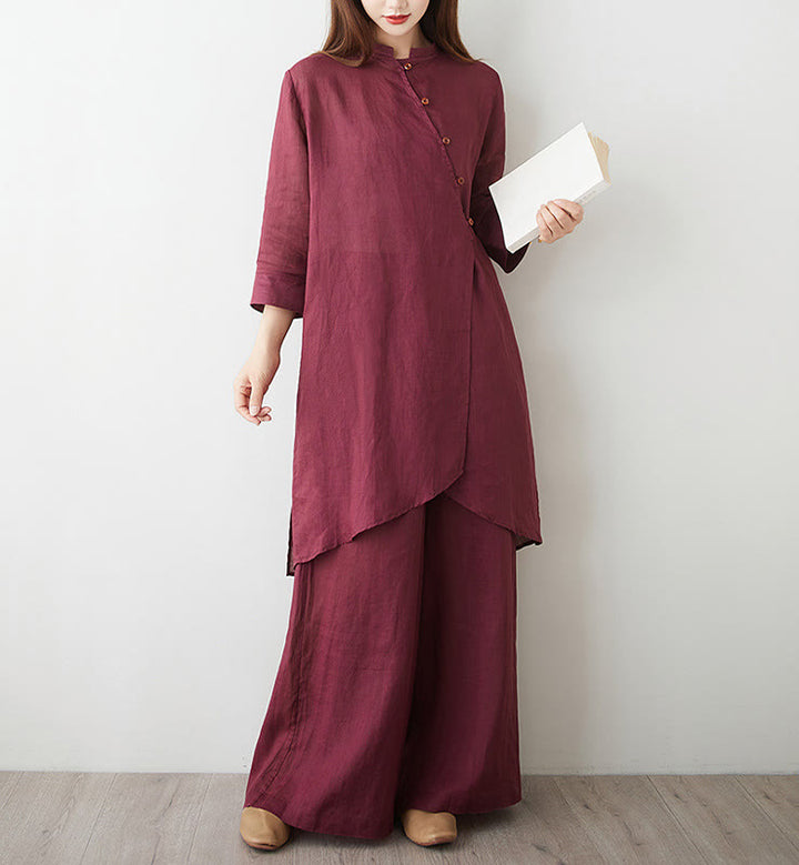 Buddha Stones 2点セット 七分袖シャツ トップパンツ 瞑想 禅 太極拳 コットンリネン 衣類 レディース セット - image 4