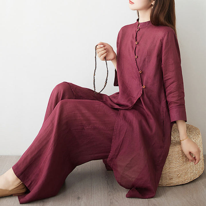 Buddha Stones 2点セット 七分袖シャツ トップパンツ 瞑想 禅 太極拳 コットンリネン 衣類 レディース セット - image 5