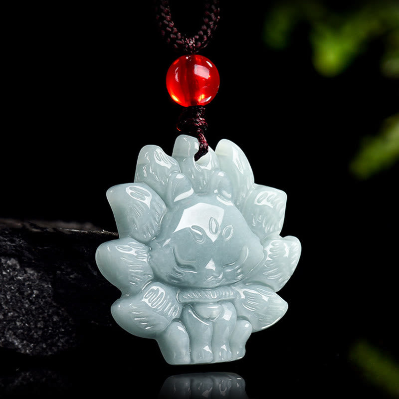 Buddha Stones天然グリーン翡翠九尾狐の豊穣のネックレスペンダント