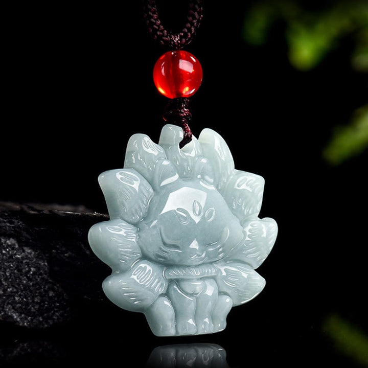 Buddha Stones天然グリーン翡翠九尾狐の豊穣のネックレスペンダント