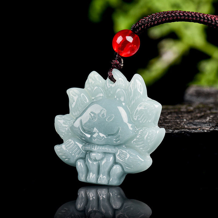 Buddha Stones天然グリーン翡翠九尾狐の豊穣のネックレスペンダント