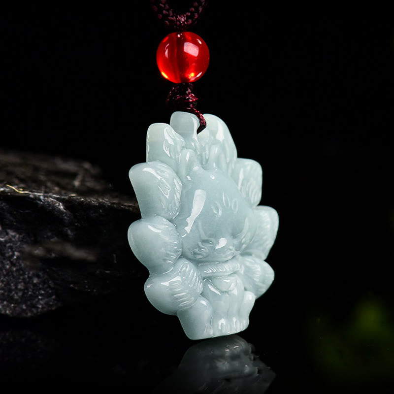 Buddha Stones天然グリーン翡翠九尾狐の豊穣のネックレスペンダント