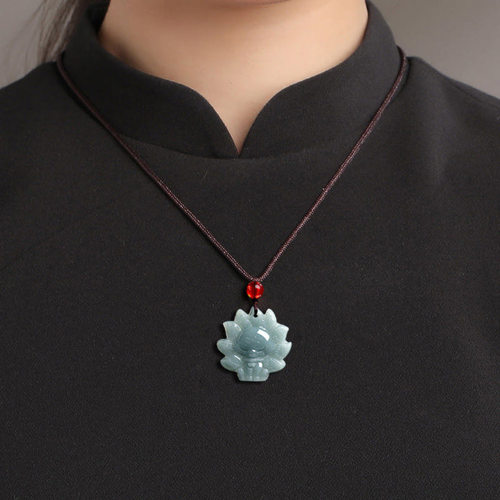 Buddha Stones天然グリーン翡翠九尾狐の豊穣のネックレスペンダント