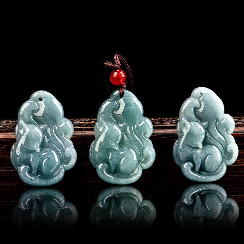 Buddha Stones天然グリーン翡翠九尾狐妖精繁栄ネックレスペンダント