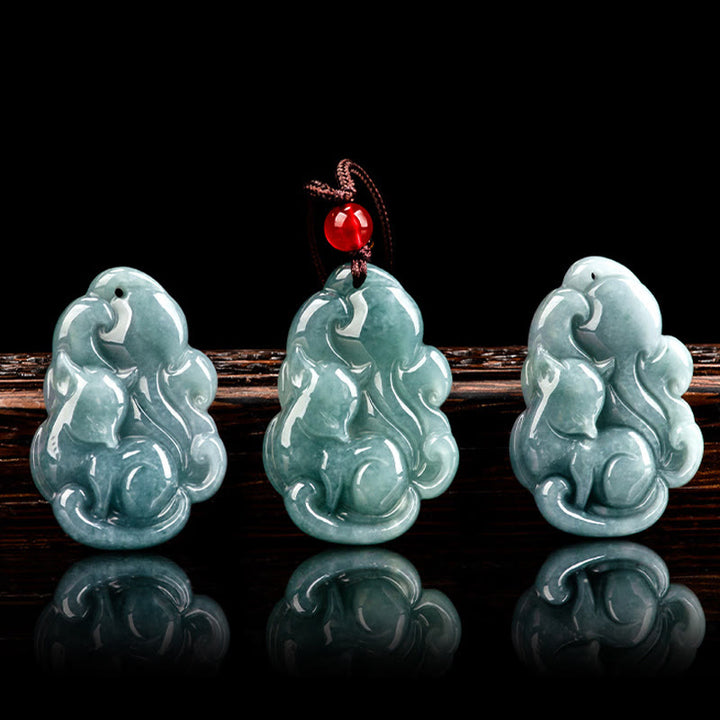 Buddha Stones天然グリーン翡翠九尾狐妖精繁栄ネックレスペンダント