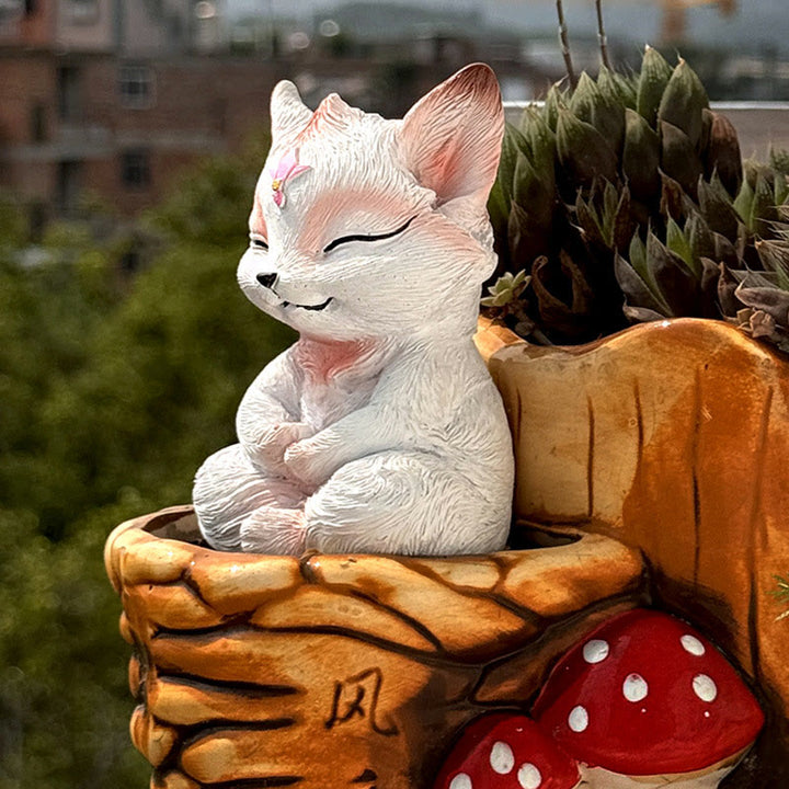 Buddha Stones小さな九尾の狐 座像 守護 樹脂製 室内装飾