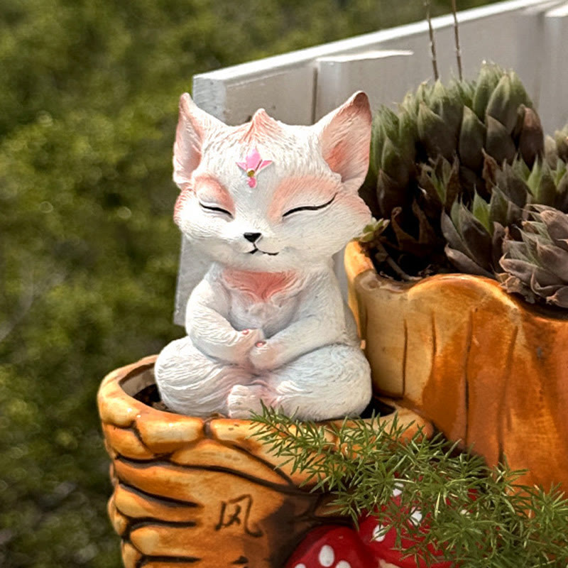 Buddha Stones小さな九尾の狐 座像 守護 樹脂製 室内装飾