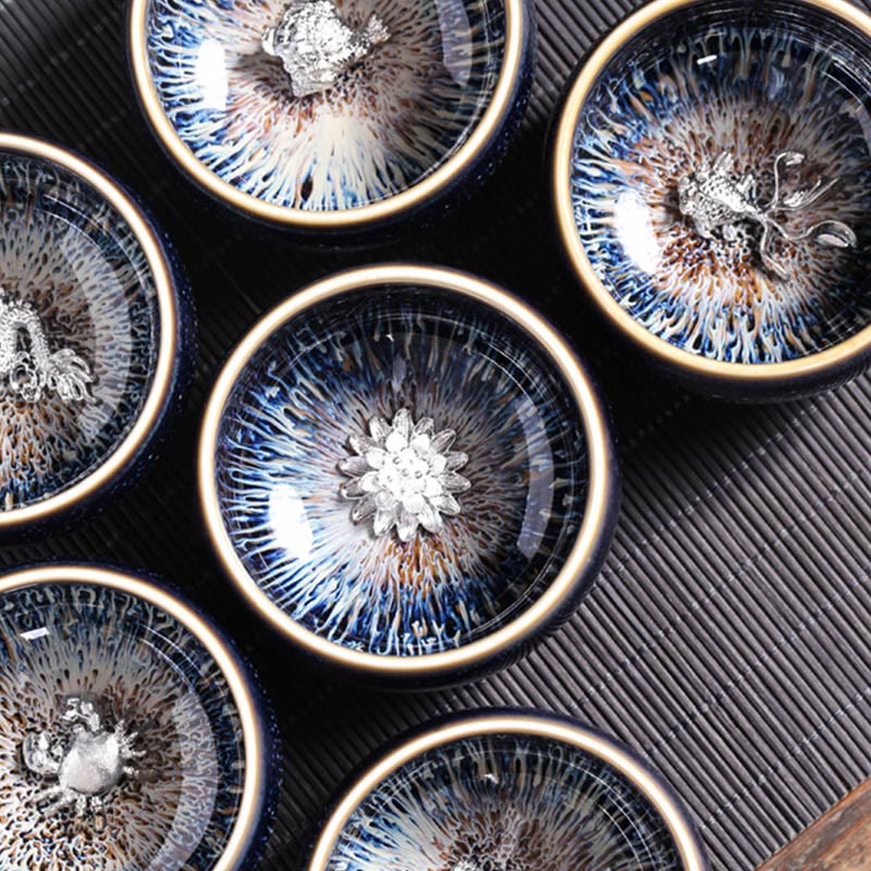 Buddha Stones手作り 中国 建禅 鯉 蓮 龍 鳳凰 12干支 陶器 ティーカップ カンフー ティーカップ 70ml