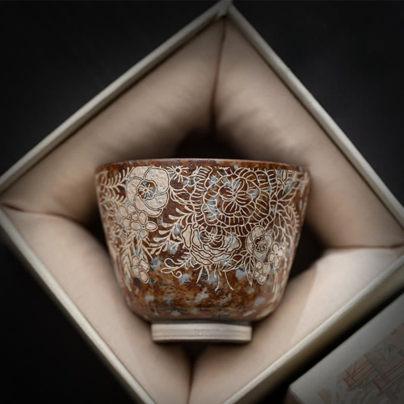 Buddha Stonesブラウン 花 満開 ティーカップ カンフーティーカップ 100ml ギフトボックス付き