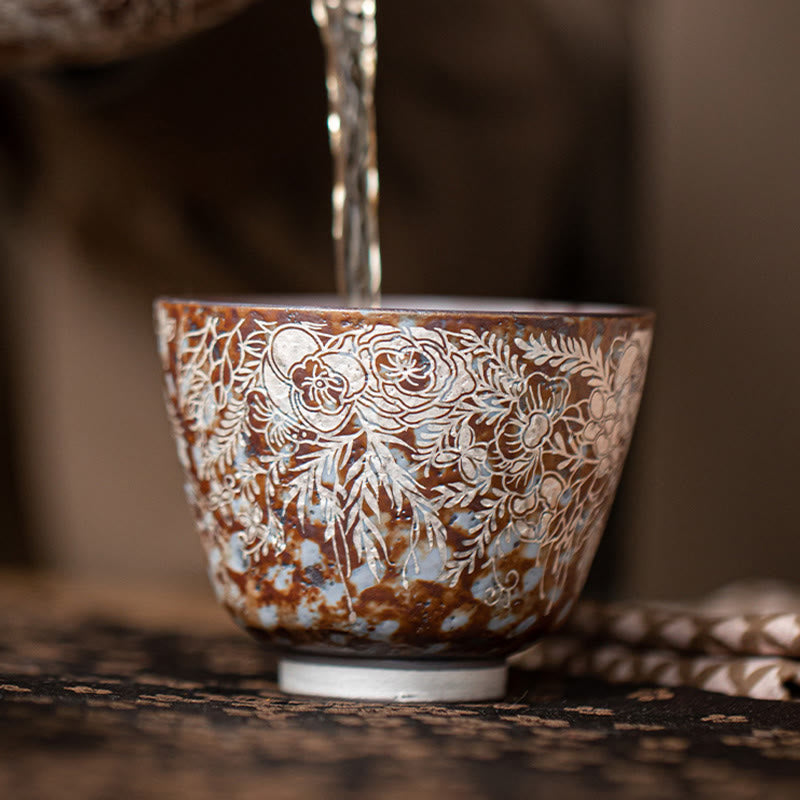 Buddha Stonesブラウン 花 満開 ティーカップ カンフーティーカップ 100ml ギフトボックス付き