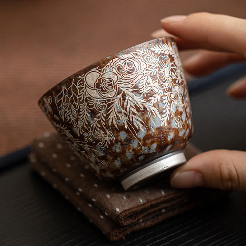 Buddha Stonesブラウン 花 満開 ティーカップ カンフーティーカップ 100ml ギフトボックス付き