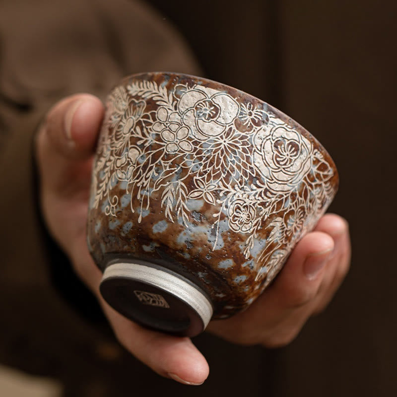 Buddha Stonesブラウン 花 満開 ティーカップ カンフーティーカップ 100ml ギフトボックス付き