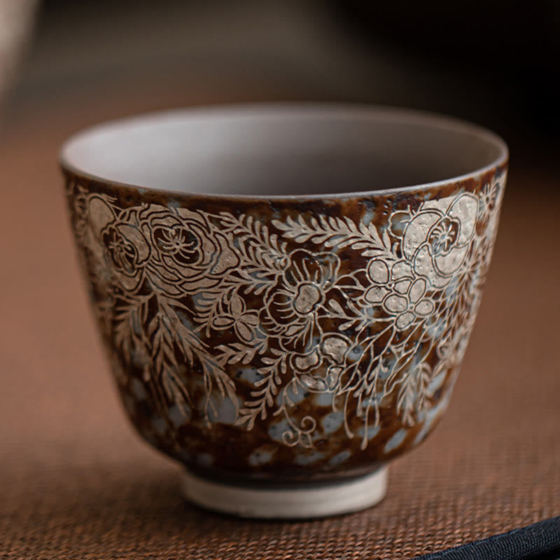 Buddha Stonesブラウン 花 満開 ティーカップ カンフーティーカップ 100ml ギフトボックス付き