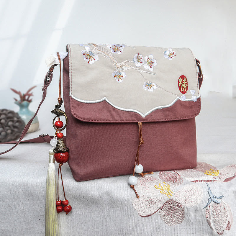 Buddha Stonesプレーンブラウン 刺繍 プラムボッサム コットンリネン クロスボディバッグ ショルダーバッグ