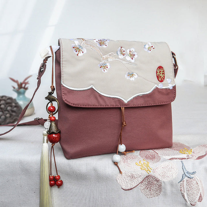 Buddha Stonesプレーンブラウン 刺繍 プラムボッサム コットンリネン クロスボディバッグ ショルダーバッグ