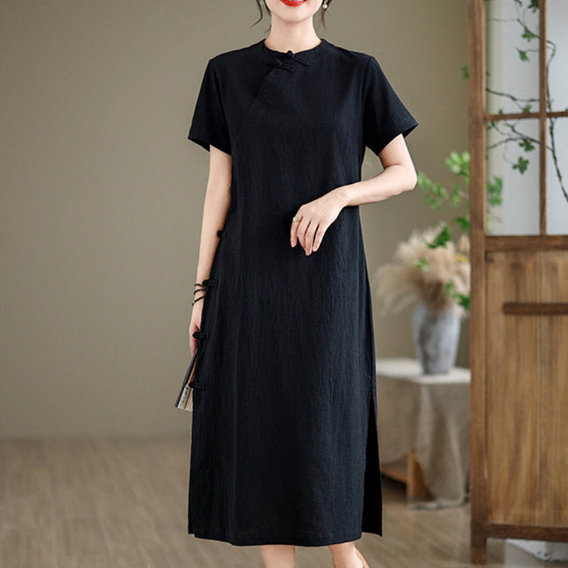 Buddha Stonesの夏ヴィンテージ純色中国風フロッグボタンチャイナドレス、チャイナドレス、ミディ丈ドレス