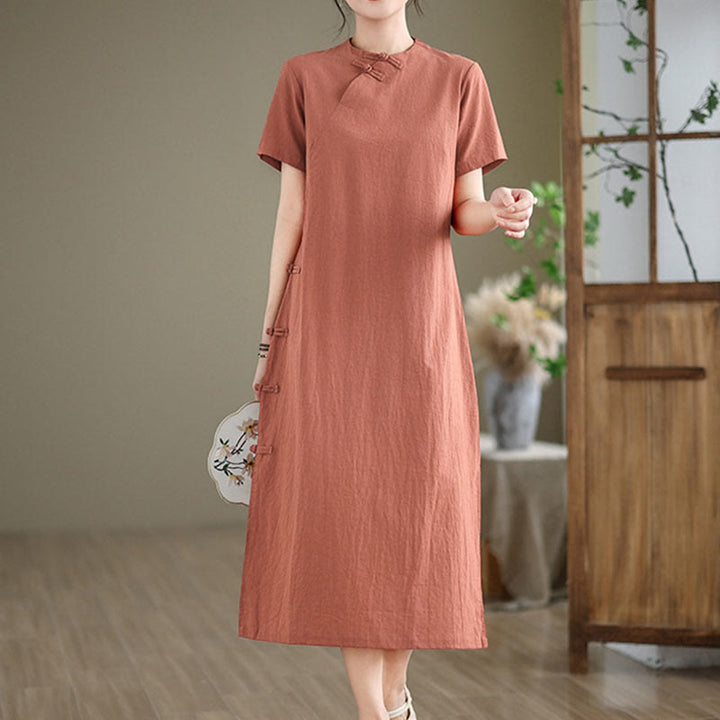 Buddha Stonesの夏ヴィンテージ純色中国風フロッグボタンチャイナドレス、チャイナドレス、ミディ丈ドレス