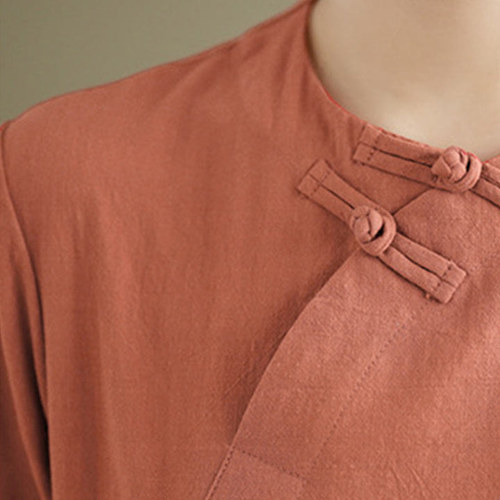 Buddha Stonesの夏ヴィンテージ純色中国風フロッグボタンチャイナドレス、チャイナドレス、ミディ丈ドレス