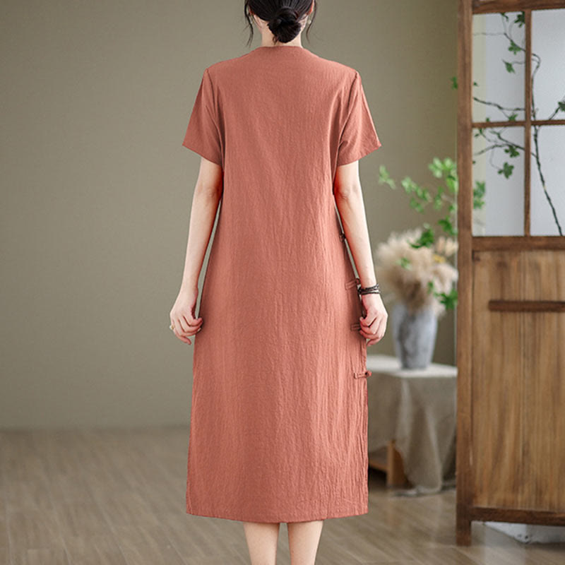 Buddha Stonesの夏ヴィンテージ純色中国風フロッグボタンチャイナドレス、チャイナドレス、ミディ丈ドレス