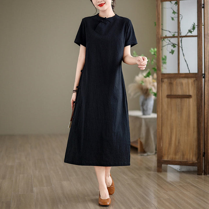 Buddha Stonesの夏ヴィンテージ純色中国風フロッグボタンチャイナドレス、チャイナドレス、ミディ丈ドレス