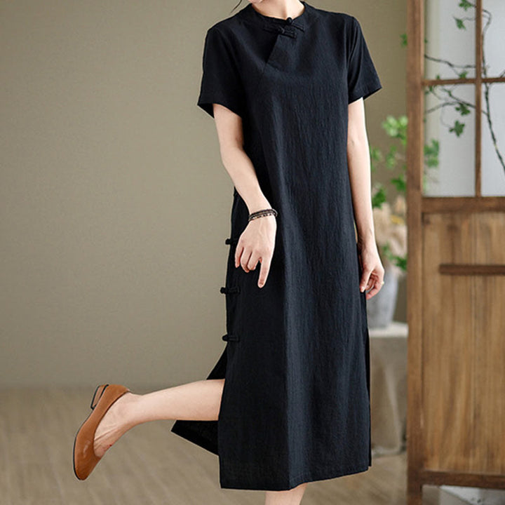 Buddha Stonesの夏ヴィンテージ純色中国風フロッグボタンチャイナドレス、チャイナドレス、ミディ丈ドレス