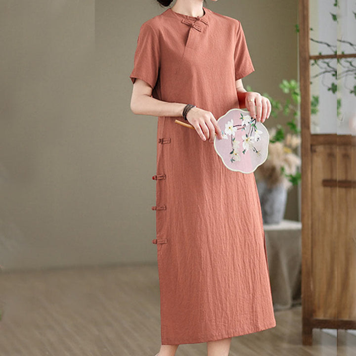Buddha Stonesの夏ヴィンテージ純色中国風フロッグボタンチャイナドレス、チャイナドレス、ミディ丈ドレス