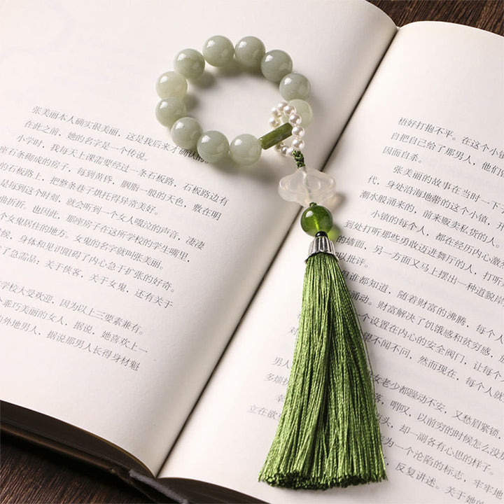 Buddha Stones緑翡翠ビーズ 真珠 繁栄のタッセル 手首用マーラー数珠