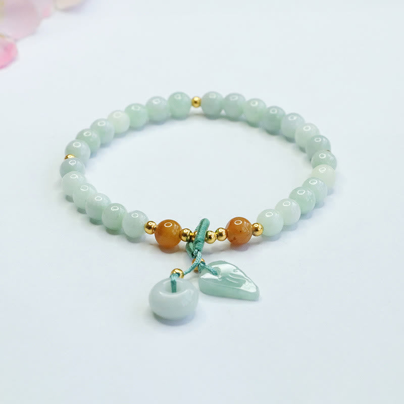 Buddha Stones翡翠ビーズリーフ平和バックル繁栄ブレスレット
