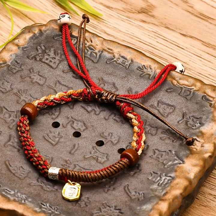 Buddha Stones手作り チベット ザキラム 富の女神 木製 守護 編み込み ブレスレット