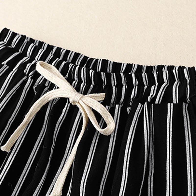 Buddha Stonesカジュアル アクリル ストライプ レースアップ レディース ワイドレッグパンツ ポケット付き