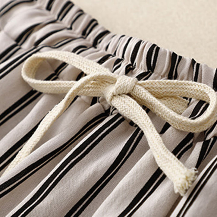 Buddha Stonesカジュアル アクリル ストライプ レースアップ レディース ワイドレッグパンツ ポケット付き