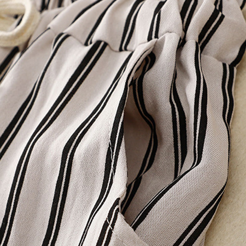 Buddha Stonesカジュアル アクリル ストライプ レースアップ レディース ワイドレッグパンツ ポケット付き