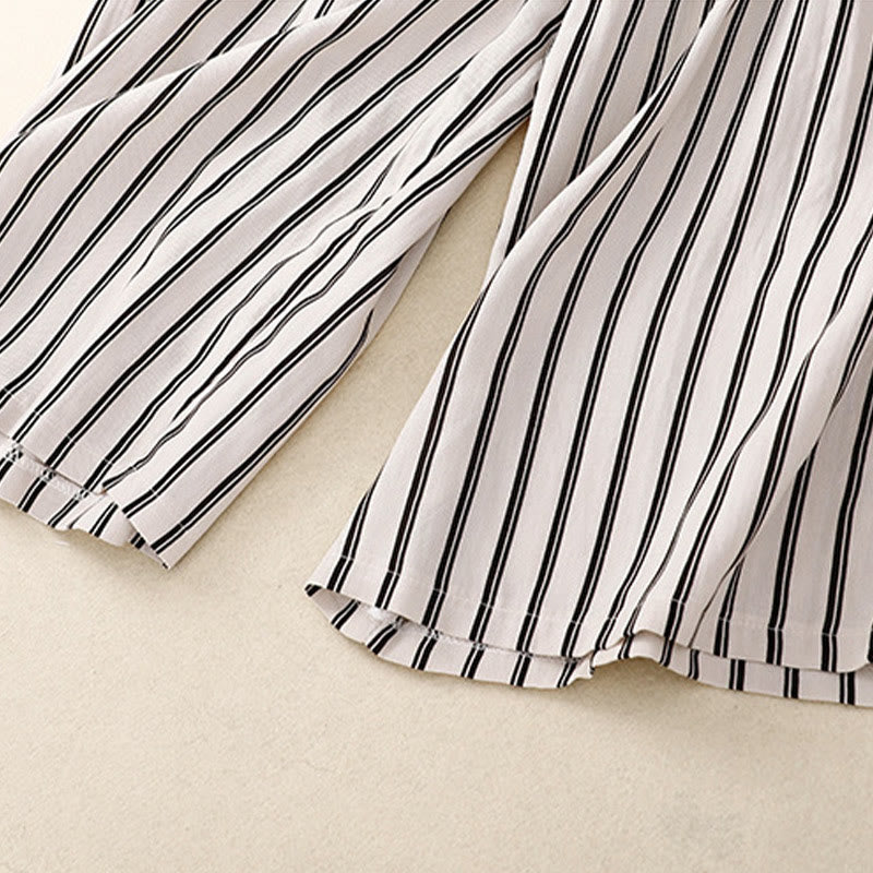 Buddha Stonesカジュアル アクリル ストライプ レースアップ レディース ワイドレッグパンツ ポケット付き