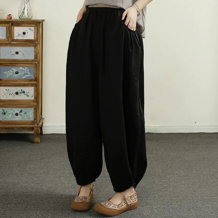 Buddha Stonesヴィンテージ 無地 刺繍 コットンリネン レディース 7-8丈 ハーレムパンツ ポケット付き - 黒 - US8-10,UK/AU12-14,EU40-42 (2XL) - image 10