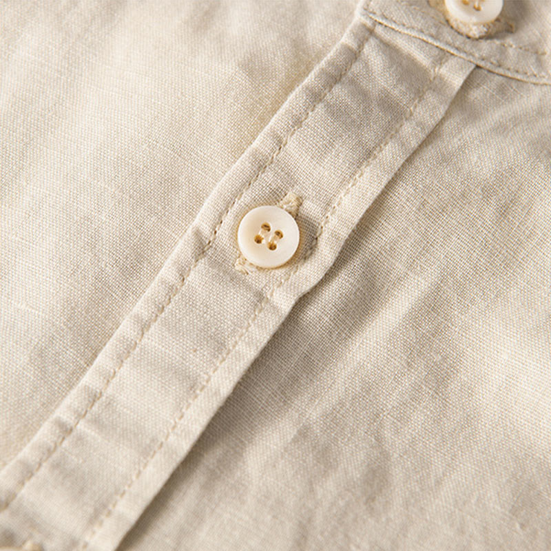 Buddha Stonesカジュアル デイリー シンプル ボタンデザイン スタンドカラー メンズ 半袖 コットンリネン シャツ フロントポケット付き - image 12