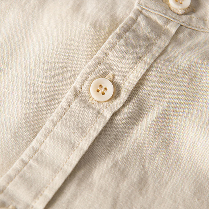 Buddha Stonesカジュアル デイリー シンプル ボタンデザイン スタンドカラー メンズ 半袖 コットンリネン シャツ フロントポケット付き - image 12