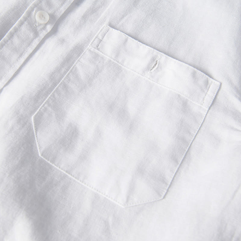 Buddha Stonesカジュアル デイリー シンプル ボタンデザイン スタンドカラー メンズ 半袖 コットンリネン シャツ フロントポケット付き - image 5