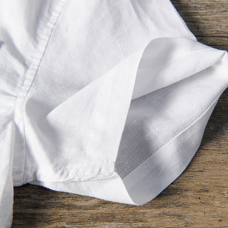 Buddha Stonesカジュアル デイリー シンプル ボタンデザイン スタンドカラー メンズ 半袖 コットンリネン シャツ フロントポケット付き - image 6