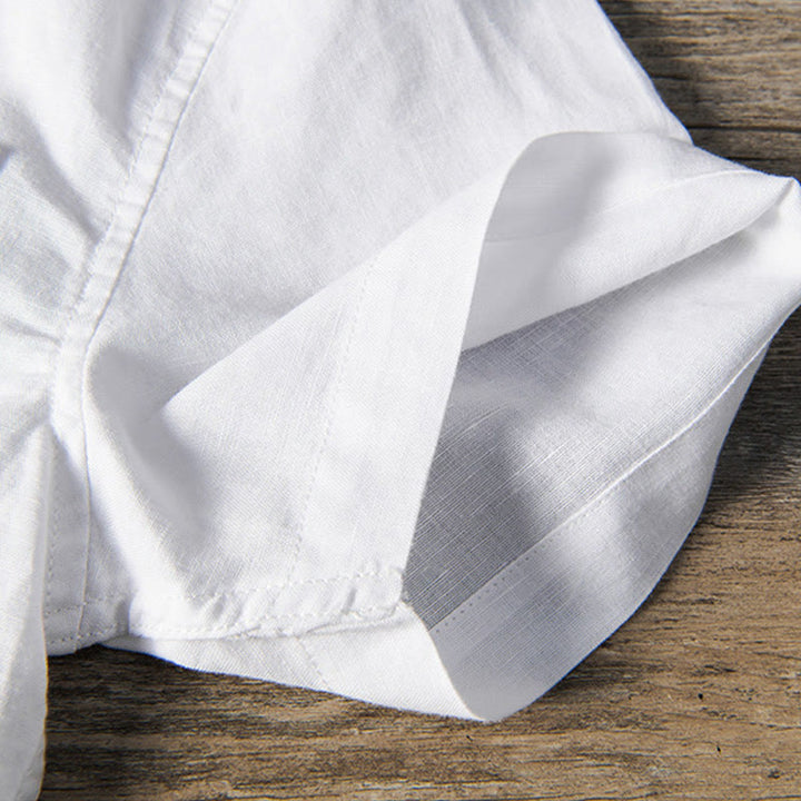 Buddha Stonesカジュアル デイリー シンプル ボタンデザイン スタンドカラー メンズ 半袖 コットンリネン シャツ フロントポケット付き - image 6