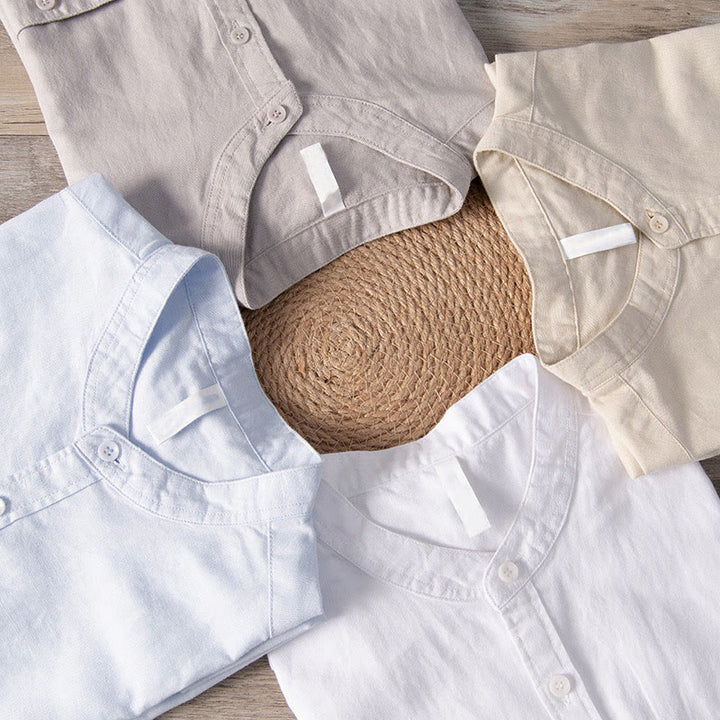 Buddha Stonesカジュアル デイリー シンプル ボタンデザイン スタンドカラー メンズ 半袖 コットンリネン シャツ フロントポケット付き - image 19